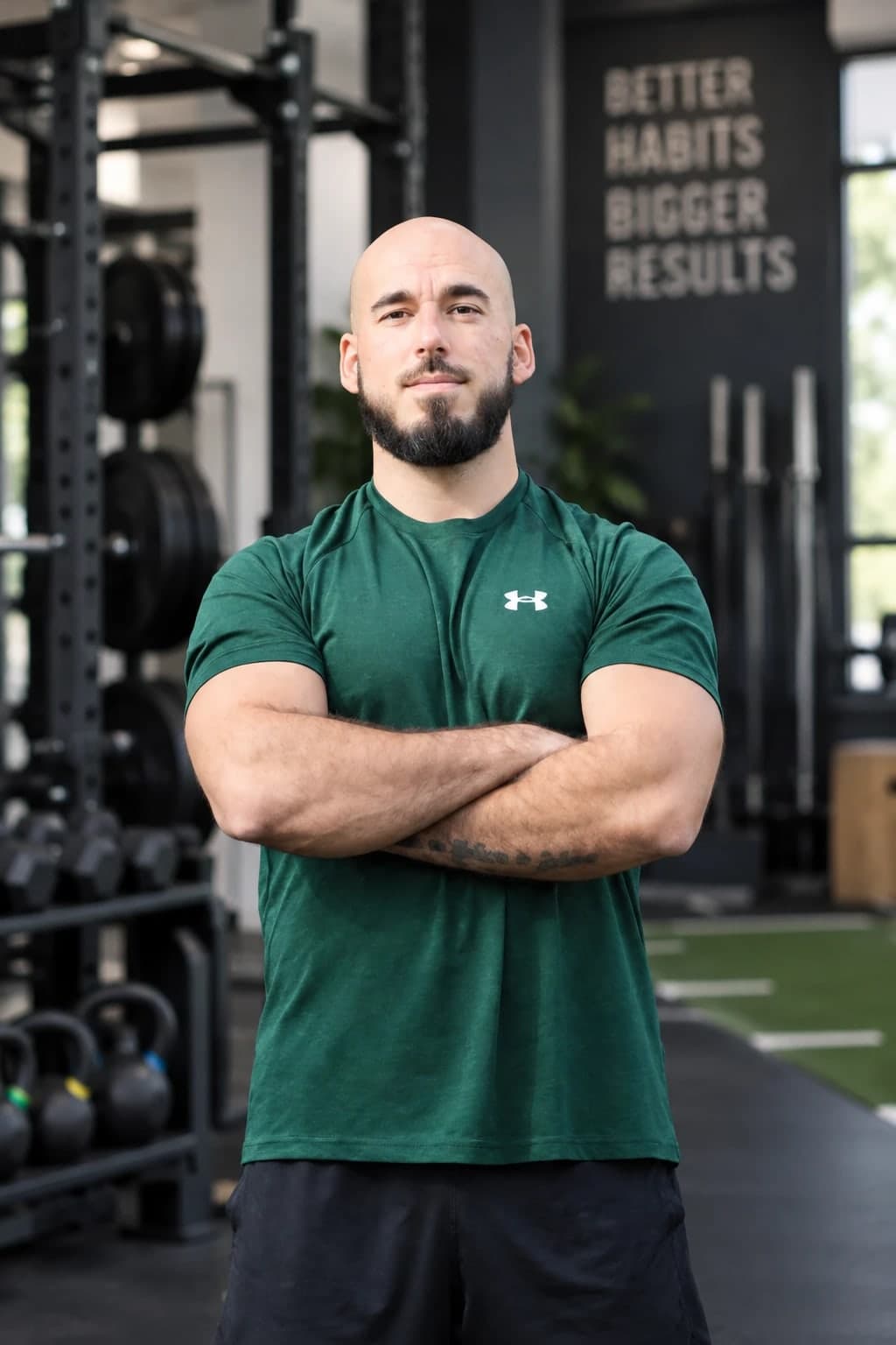 Coach Yan, arms crossed, in the training gym